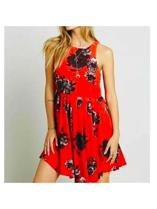 Free People Dresses & Skirts - FREE PEOPLE- Cherry Red Floral Mini Dress-Size 2 Flutterby style-EUC